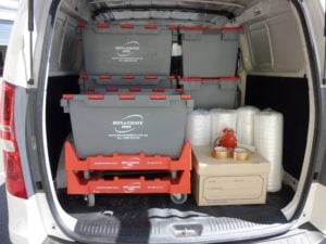 Showing the BC3 Office Moving Crate, Dolly Trolley and moving supplies inside our Perth moving van.